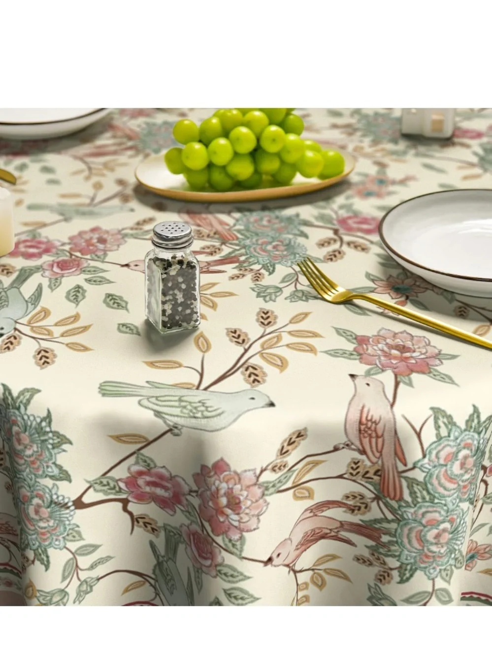 Floral Birds Tablecloth 70” ROUND Washable